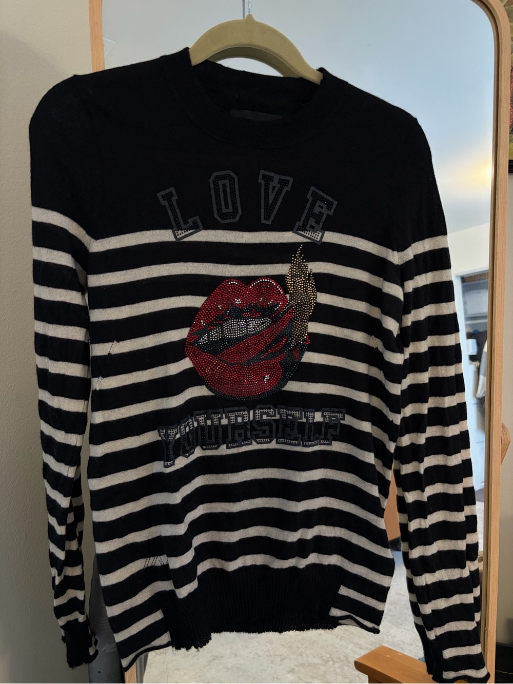 Zadig & Voltaire Cashmere Striped Embellished 'Love Yourself' Sweater L